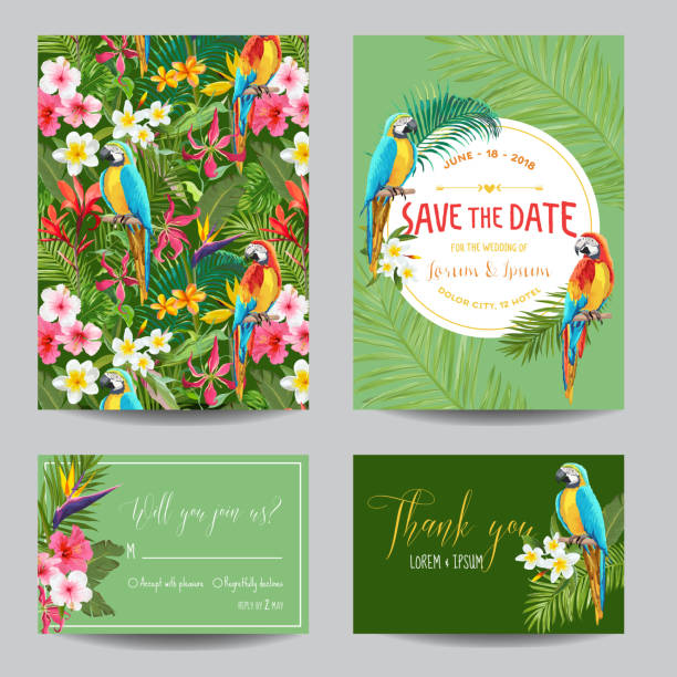 Save the Date Card Set. Tropical Flowers and Parrots Wedding Invitation in Vector vector art illustration