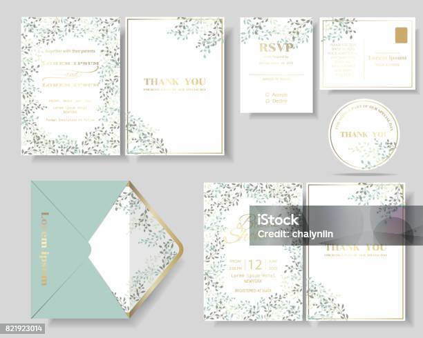 Set Of Botanical Leaves Wreath Wedding Invitation Card Stock Illustration - Download Image Now