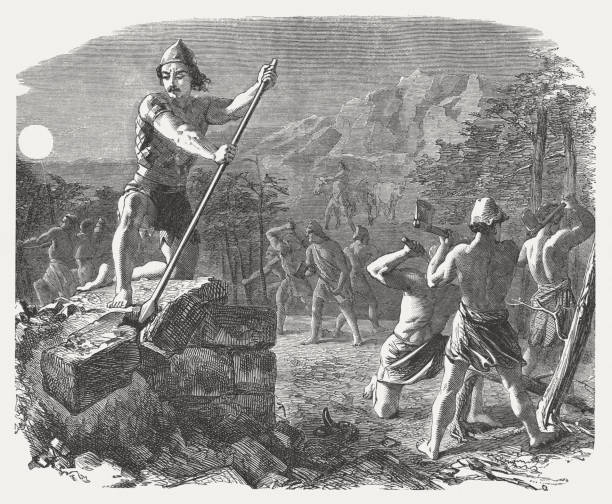 ilustrações de stock, clip art, desenhos animados e ícones de gideon destroys the altar of baal (judges 6), published 1886 - canaan valley