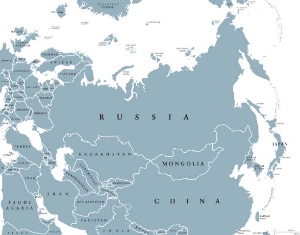 Eurasia political map with countries and borders Eurasia political map with countries and borders. Combined continental landmass of Europe and Asia located in Northern and Eastern Hemispheres. Gray illustration over white. English labeling. Vector. eurasia stock illustrations