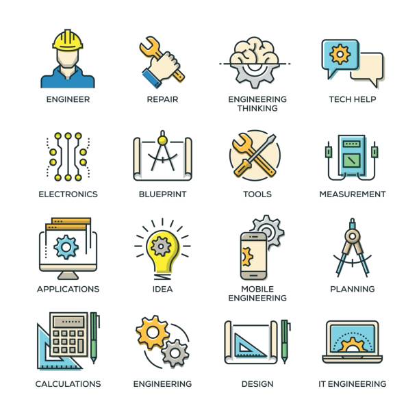 illustrazioni stock, clip art, cartoni animati e icone di tendenza di set di icone linea di progettazione - drawing compass machine part engineering plan