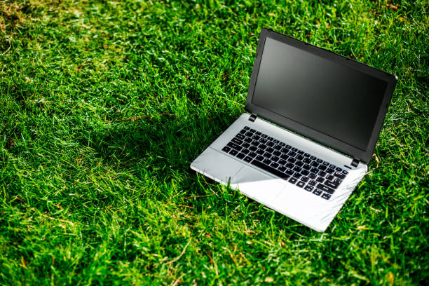 istock Laptop with blank screen on green lawn 821927362