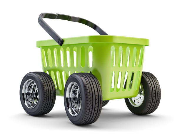Green plastic shopping basket on wheels, isolated on white