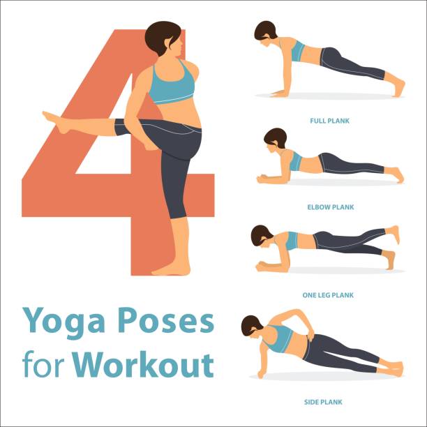 ilustrações de stock, clip art, desenhos animados e ícones de a set of yoga postures female figures for infographic 4 yoga poses for workout in flat design. - posture women side view yoga