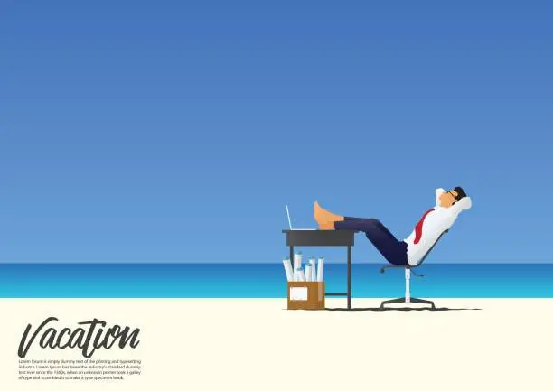 Vector illustration of Side view of businessman relaxing with feet up on office desk on white sand beach while on his vacation. Blue gradient sky background  with copy space for your text. Vector.