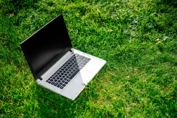 istock Laptop with blank screen on green lawn 821928002