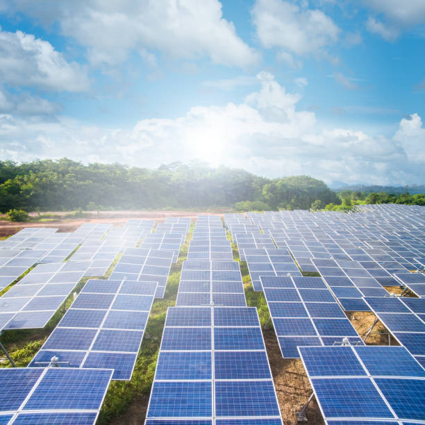 Solar panels with blue sky (Solar farm) stock photo