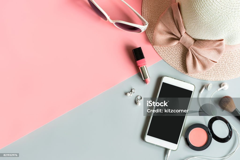 women cosmetics and fashion item with copy space women cosmetics and fashion items on color background with copy space, Top view Flat Lay Stock Photo