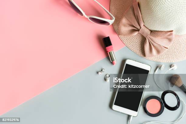 Women Cosmetics And Fashion Item With Copy Space Stock Photo - Download Image Now - Flat Lay, Shopping, Make-Up