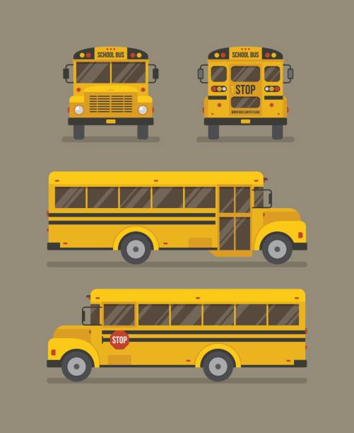 School bus flat illustration School bus flat illustration. Front, back and two side views. school buses stock illustrations