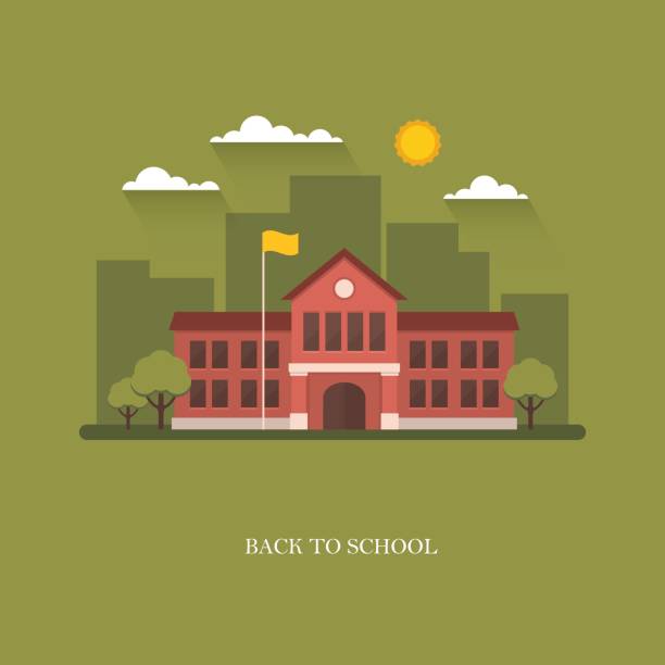 ilustracja budynku szkoły na zielonym tle - campus stock illustrations