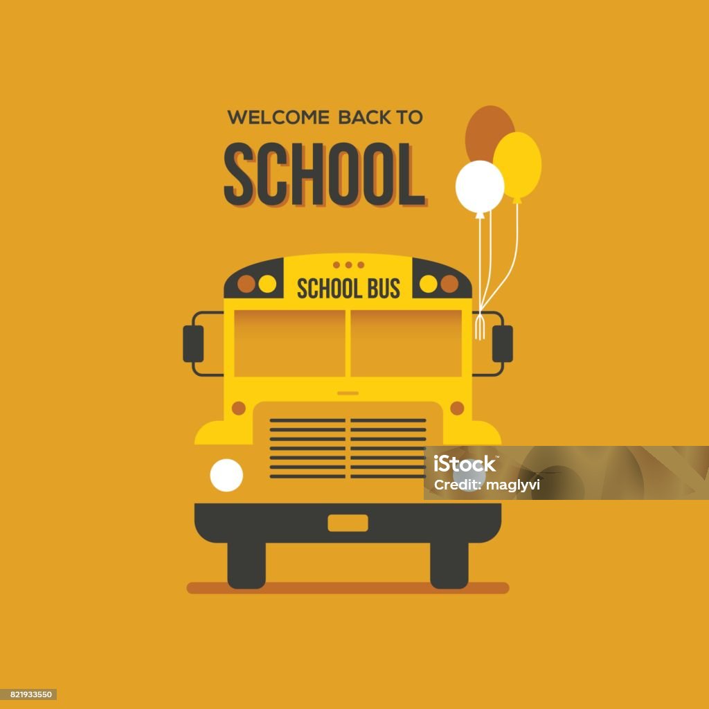 School bus with balloons School bus front view with three balloons on bright orange background. Back to school creative banner design. School Bus stock vector