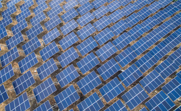 Top view of Solar panels (solar cell) in solar farm stock photo