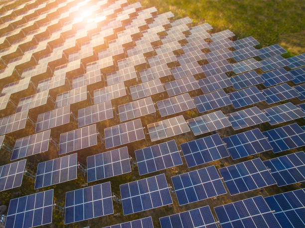 Solar panels (solar cell) in solar farm with  sun lighting to create the clean electric power stock photo