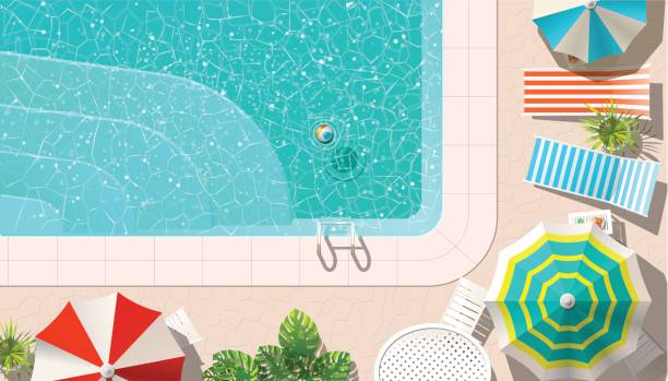 ilustrações, clipart, desenhos animados e ícones de piscina e salões com guarda-chuvas - partida do grupo