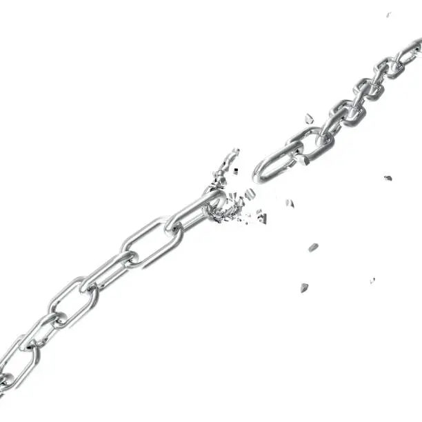 Photo of Broken steel, Broken metal chain links freedom concept. Disruption strong steel, 3D illustration