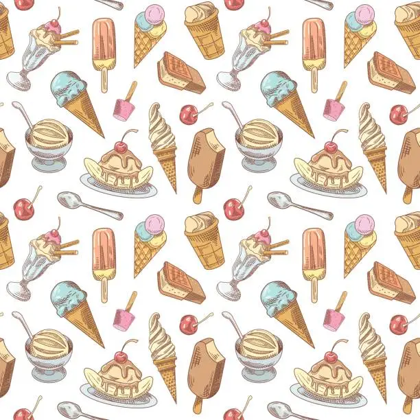 Vector illustration of Ice Cream Hand Drawn Seamless Pattern