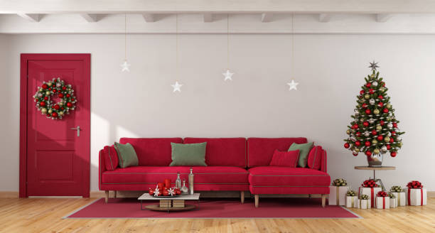 istock Red and white living with christmas tree 821972588