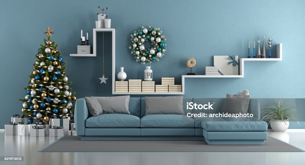 Blaue modernes Wohnzimmer mit Weihnachtsbaum - Lizenzfrei Weihnachten Stock-Foto