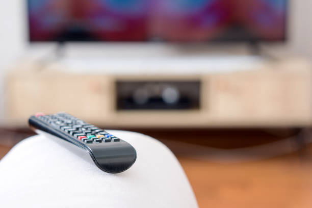 One TV remote control on the armrest of sofa