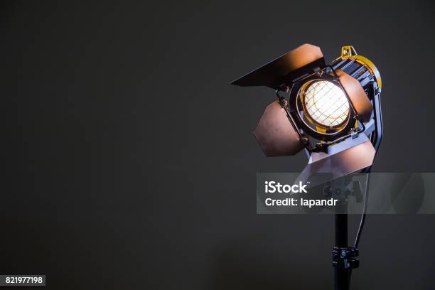Floodlight With Halogen Lamp And Fresnel Lens On A Gray Background Lighting Equipment For Shooting Filming And Photographing In The Interior Stock Photo - Download Image Now