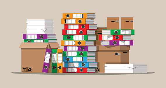 Pile of paper documents and file folders. Carton boxes. Bureaucracy, paperwork, office. Vector illustration in flat style