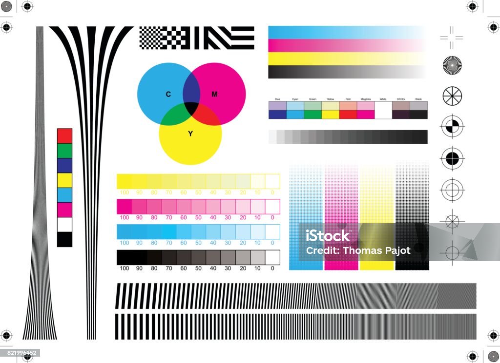 Calibration printing marks Calibration printing marks, colors and alignment adjustment Printmaking Technique stock vector