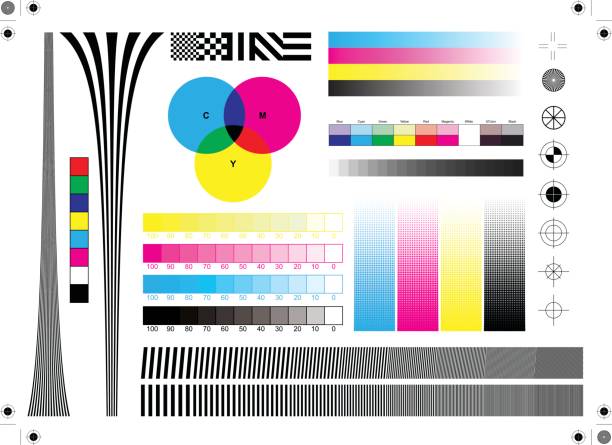 Calibration printing marks Calibration printing marks, colors and alignment adjustment printout stock illustrations
