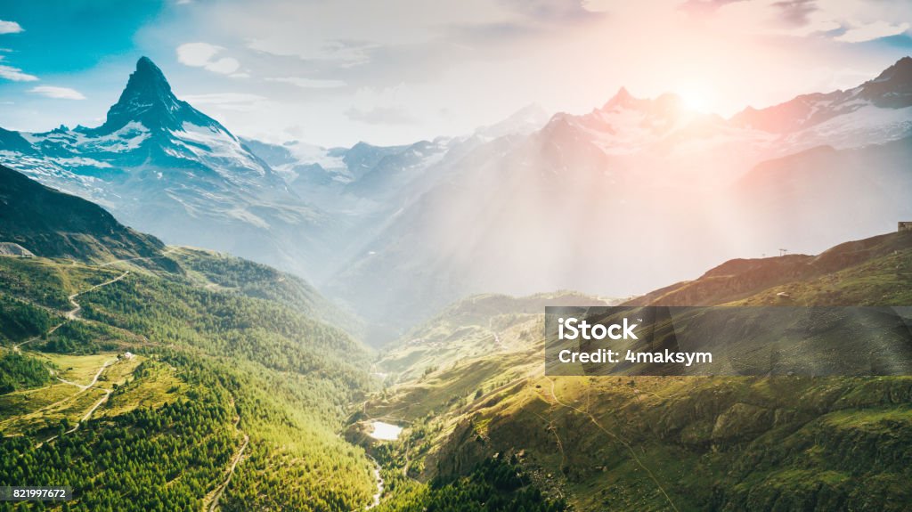 Matterhorn Mountain with white snow and blue sky in Zermatt city in Switzerland Switzerland Stock Photo