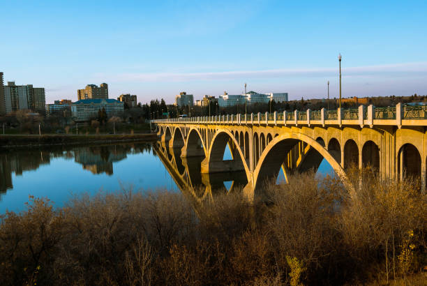 Golden Sunlit Bridge in Saskatoon, Saskatchewan stock photo