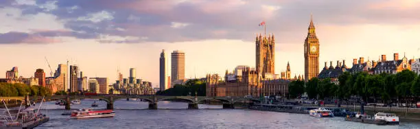 Panoramic view of Westminster Bridge and Westminster Palace at sunset. Composite of 3 images.