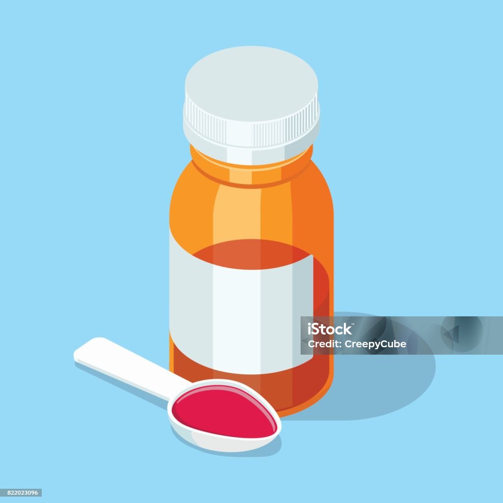 Sirop contre la toux. Médical mélange à la cuillère et la bouteille. - clipart vectoriel de Médicament libre de droits