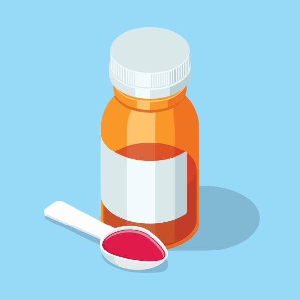 ilustrações de stock, clip art, desenhos animados e ícones de cough syrup. medical mixture in spoon and bottle. - capsule vitamin pill white background healthcare and medicine