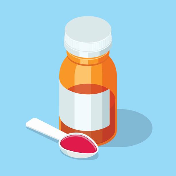 сироп от кашля. медицинская смесь в ложке и бутылке. - cough medicine spoon medicine liquid stock illustrations