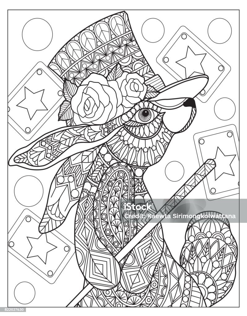 Hand drawn magic rabbit for adult coloring page. Black and white line art vector illustration was made in eps 10. Can be used for adult coloring book. Outline stock vector