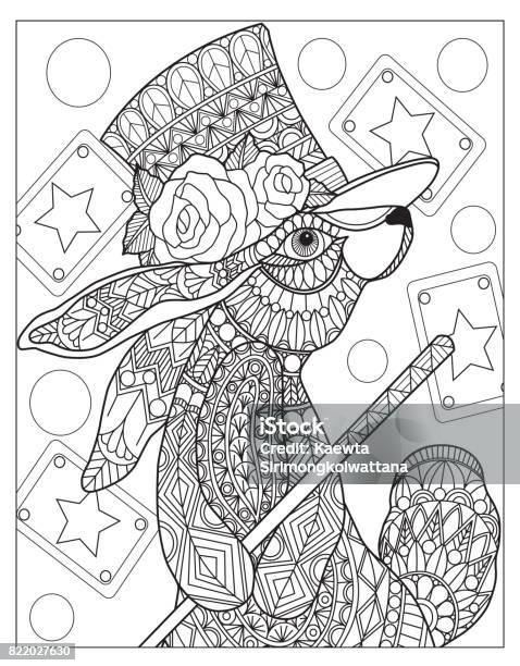 Hand Drawn Magic Rabbit For Adult Coloring Page Stock Illustration - Download Image Now - Outline, Black And White, Rabbit - Animal