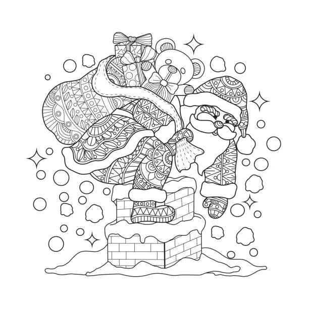 Vector illustration of Hand drawn Santa claus on chimney for adult coloring page.