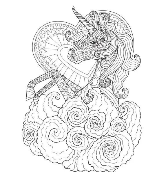 Vector illustration of Hand drawn Unicorn with heart for adult coloring page.
