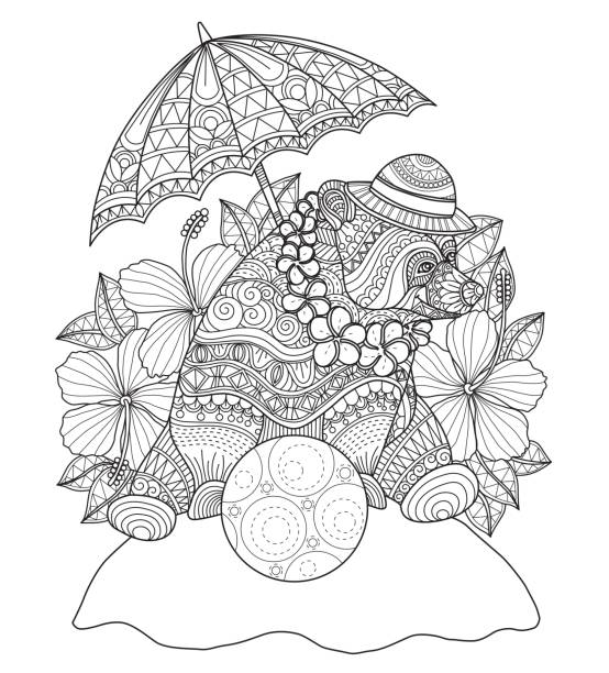 ręcznie rysowane zrelaksowany niedźwiedź na lato dla dorosłych kolorowanki strony. - white background relaxation black flower stock illustrations