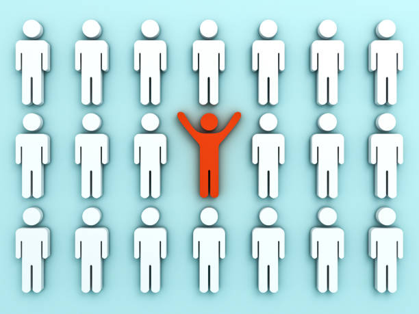 istock Stand out from the crowd and different concept , One red man standing with arms wide open among other people on light green pastel color background shadows . 3D rendering 822055028
