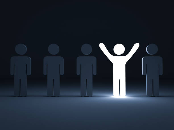istock Stand out from the crowd and different creative idea concepts , One glowing light man standing with arms wide open among other people in the row on dark blue background with shadows . 3D rendering 822055100