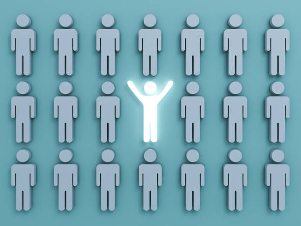 istock Stand out from the crowd and different concept , One light man glowing and standing with arms wide open among other dim people on light green pastel color background shadows . 3D rendering 822055184