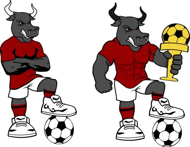 Vector illustration of soccer futbol strong bull cartoon set