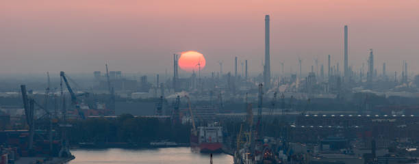 istock Aerial panorama Rotterdam port at sunset 822066684