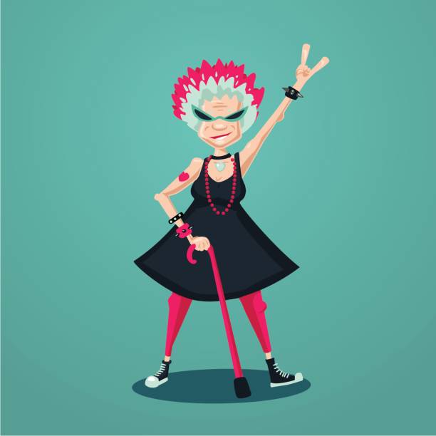 Forever young old lady. Funny old rock fan. Active senior woman. Humorous illustration. vector art illustration