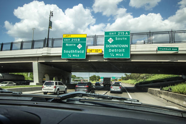 Detroit, Michigan, USA - May 18, 2017: Rush hour traffic on eastbound Interstate 94 in the downtown district of Detroit.