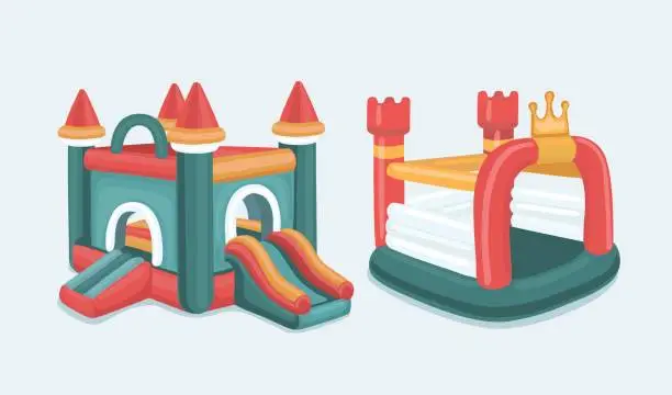 Vector illustration of Big Vector illustration set of inflatable castles. Pictures isolate on white background