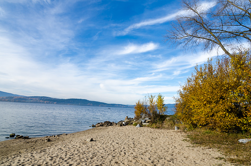 Shore of Lipno Lake with beach in autumn in Czech Republic.