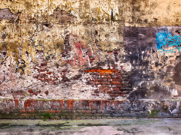 istock wall with peeling plaster, putty texture of old as a background 822104802