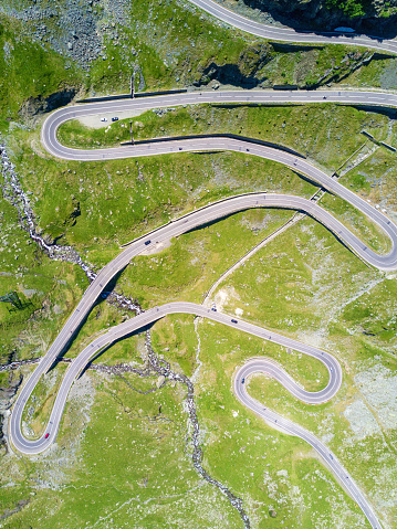 Aerial view of Transfagarasan winding highway in Romania